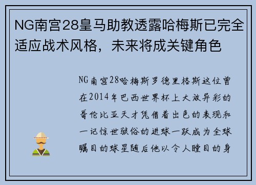 NG南宫28皇马助教透露哈梅斯已完全适应战术风格，未来将成关键角色